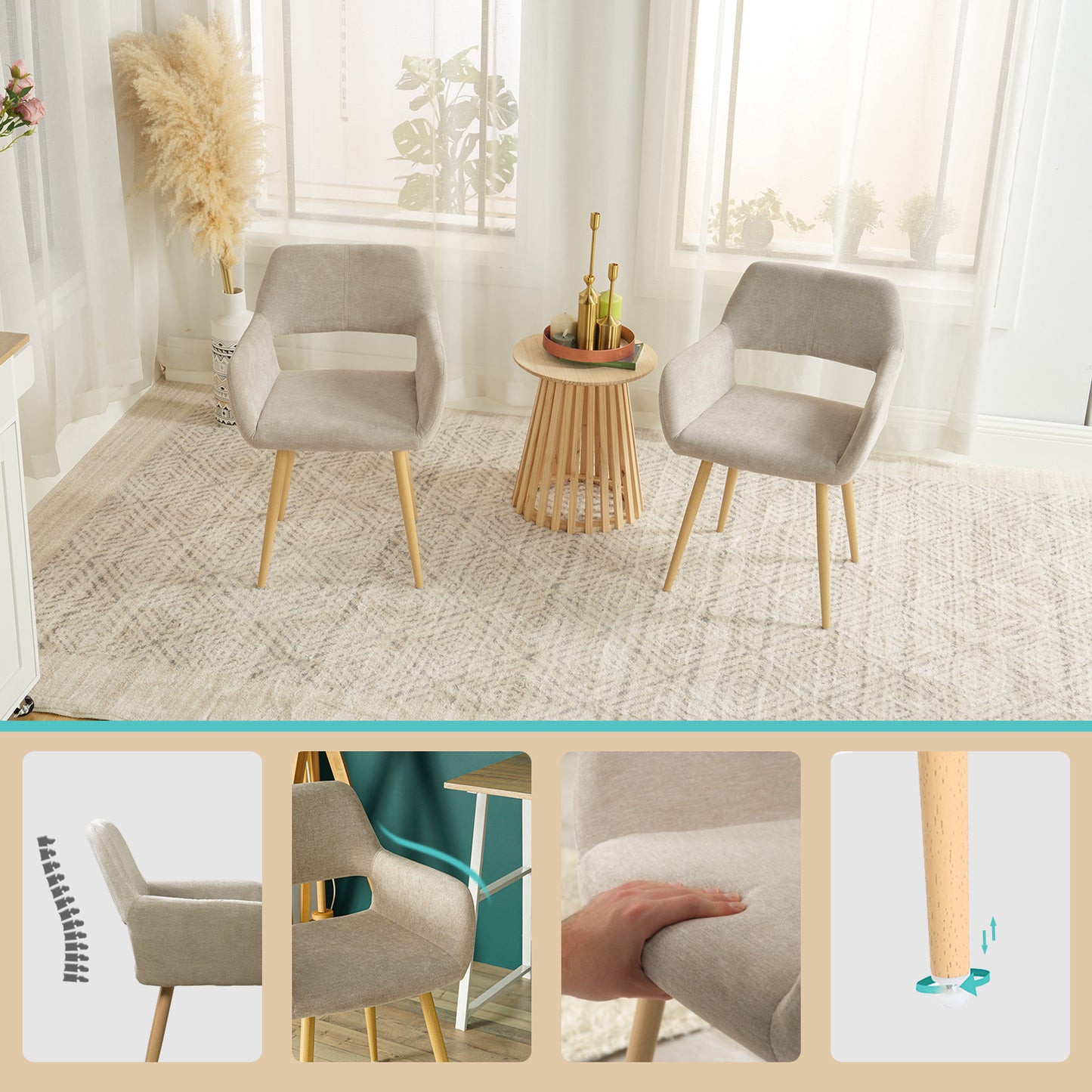 Eetkamerstoelen – Stoelen – Kuipstoelen – Keukenstoelen – Meubilair – Scandinavisch Design – Ademend Rugleuning – Metalen Onderstel – Set van 4 – Beige