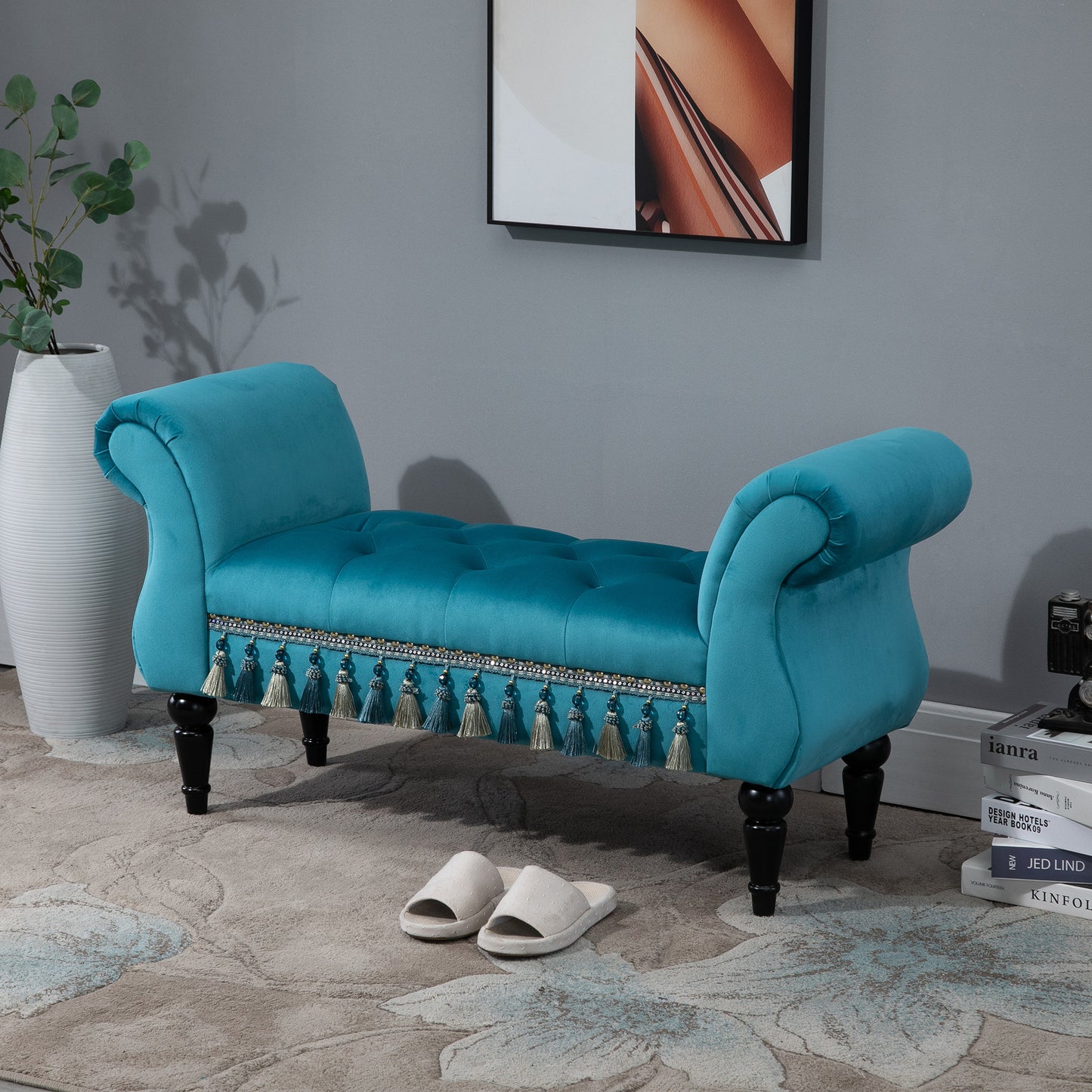 Poef – zitbank – schoenenbank – hocker – zitmeubel – fluwelen bekleding – massief houten frame – 117x40x58 cm – maximale draagkracht 150 kg