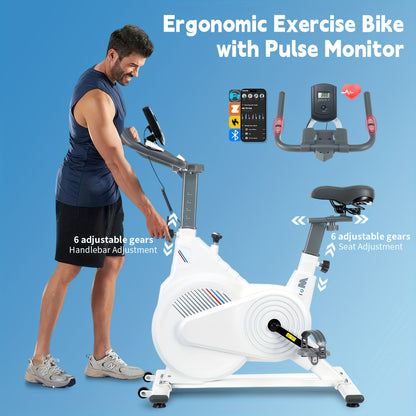White Stationary Exercise Bike Shock-Absorbing Design PP Pedals + Phone Holder + Standard Seat Heart Rate Monitoring Multi-Function Display Max Load 150kg
