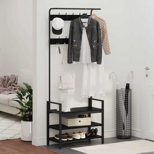 Kapstok Zwart Eiken – Garderobe Standaard – Jasrek – Schoenenrek – Halmeubel – Compact Ontwerp – Duurzaam Gelamineerd Hout – 75x34x184 cm