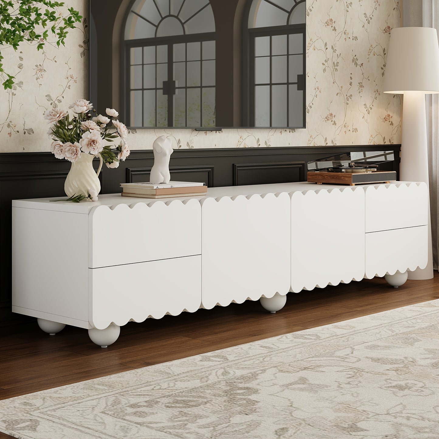 tv meubel – tv kast – tv stand – lowboard – media meubel – wit – modern geschulpte afwerking – bamboe materiaal – 4 lades – 2 kastdeuren – vloerstaand