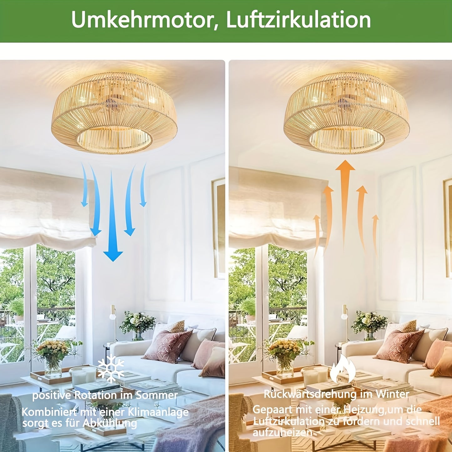 Plafondventilator – Ventilator Plafond – Plafondlamp Ventilator – Plafonniere – Boho Ventilator – 50,8 cm – Rattan Design Met Afstandsbediening & 6 Snelheden