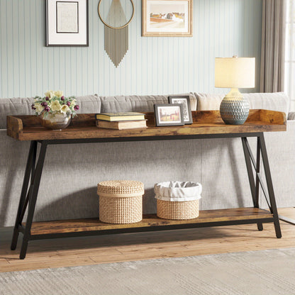 Rustieke Industrieel Sofa Console Tafel – Sidetable – Haltafel – Bartafel – Wandtafel – Bruin/Zwart – 180 cm Lang – Met Opbergruimte En Verstelbare Poten