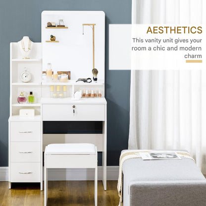 Kaptafel – Make-uptafel – Schminktafel – Dressing Table – Make-up Tafel – Grote Spiegel – 4 Laden & Opbergruimte – Anti-Kantel Design – Inclusief Gestoffeerde Kruk