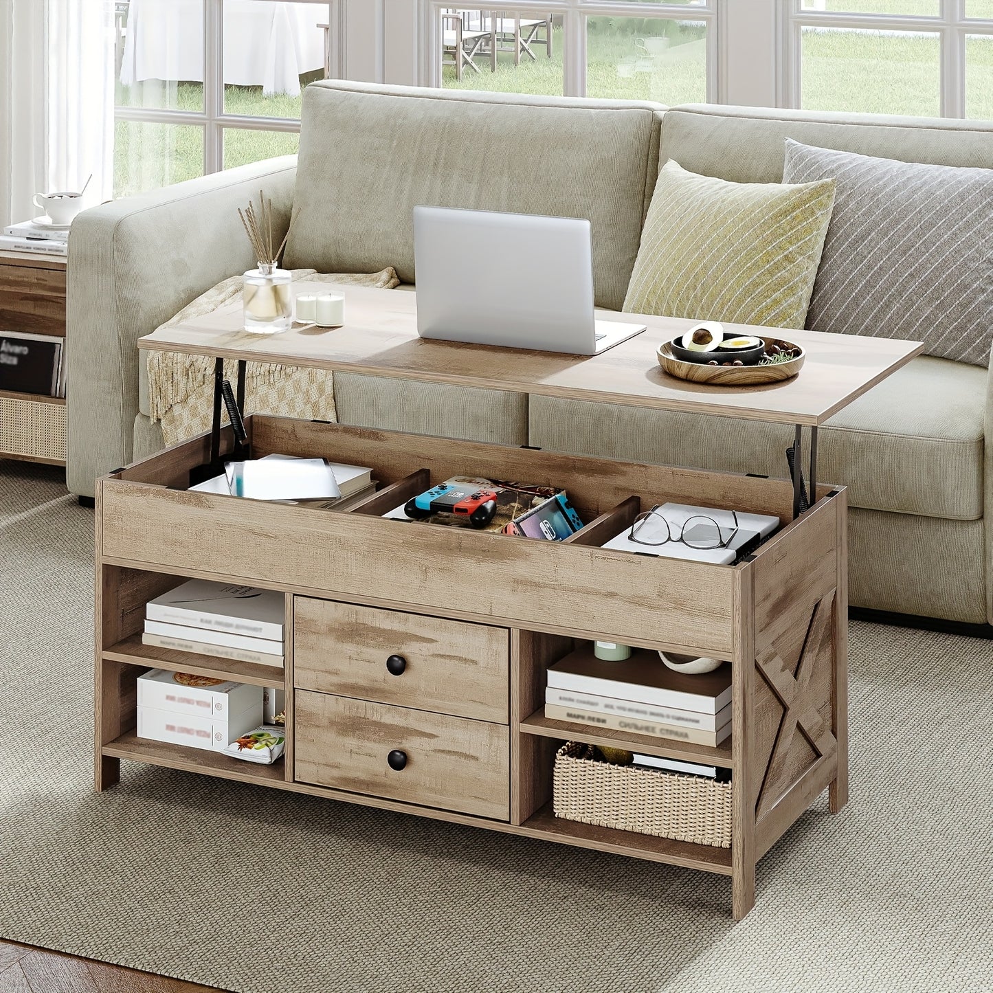 Verstelbare Salontafel – Koffietafel – Woonkamertafel – Zeteltafel – Bijzettafel – 2 Laden & Verborgen Opbergruimte – 50x100x47,3-61,3 cm – Hoogwaardige Houtmaterialen & Modern Design