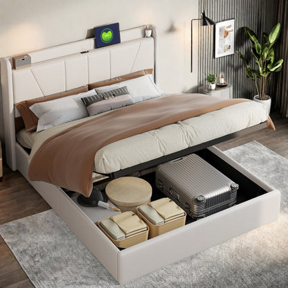 Bedframe – Tweepersoonsbed – Gestoffeerd Bed – Bedplaats – Slaapbank – 160x200 cm – Beige Linnen Bekleding – Hydraulische Opbergruimte