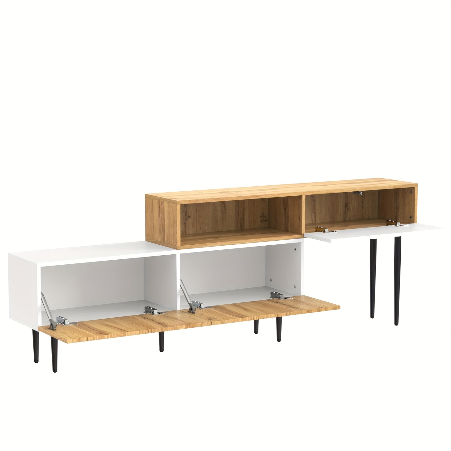 TV Meubel – TV Kast – TV Meubelkast – Lowboard – Mediameubel – Verstelbare Lengte – Modulaire Twee-delige Ontwerp – Zwarte Metalen Poten – Warme Bruine Afwerking