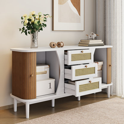 Dressoir – Kast – Ladekast – Opbergkast – Buffettafel – Rieten Deuren – Hardhout – Schuifdeuren – 80x40x85 cm – Natuurlijk Design