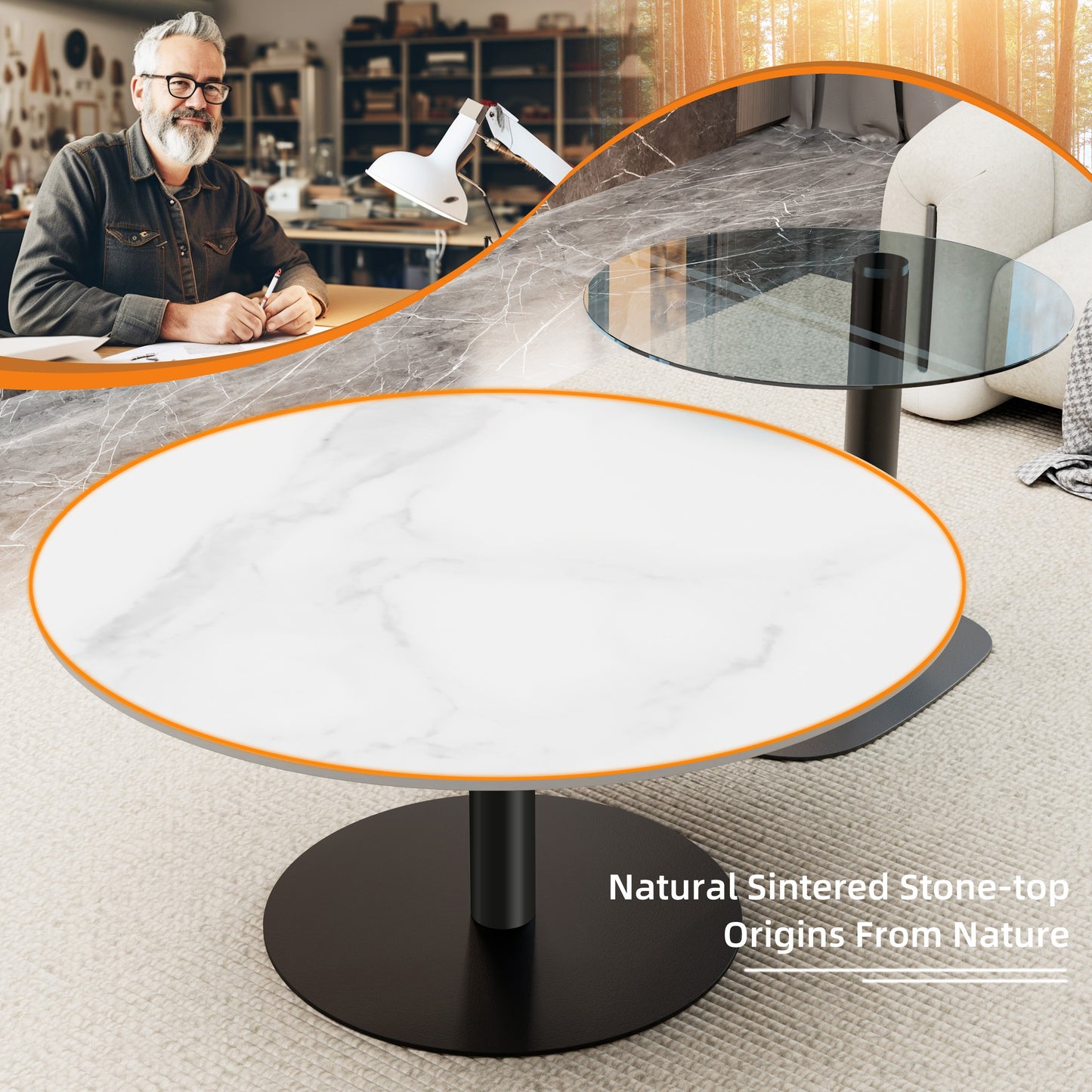 Ronde Salontafel Set – Bijzettafel – Nestbare Tafels – Koffietafel – Woonkamer Tafel – Wit Sintered Stone & Grijs Glas – Zwart Metalen Frame – Krasbestendig & Compact