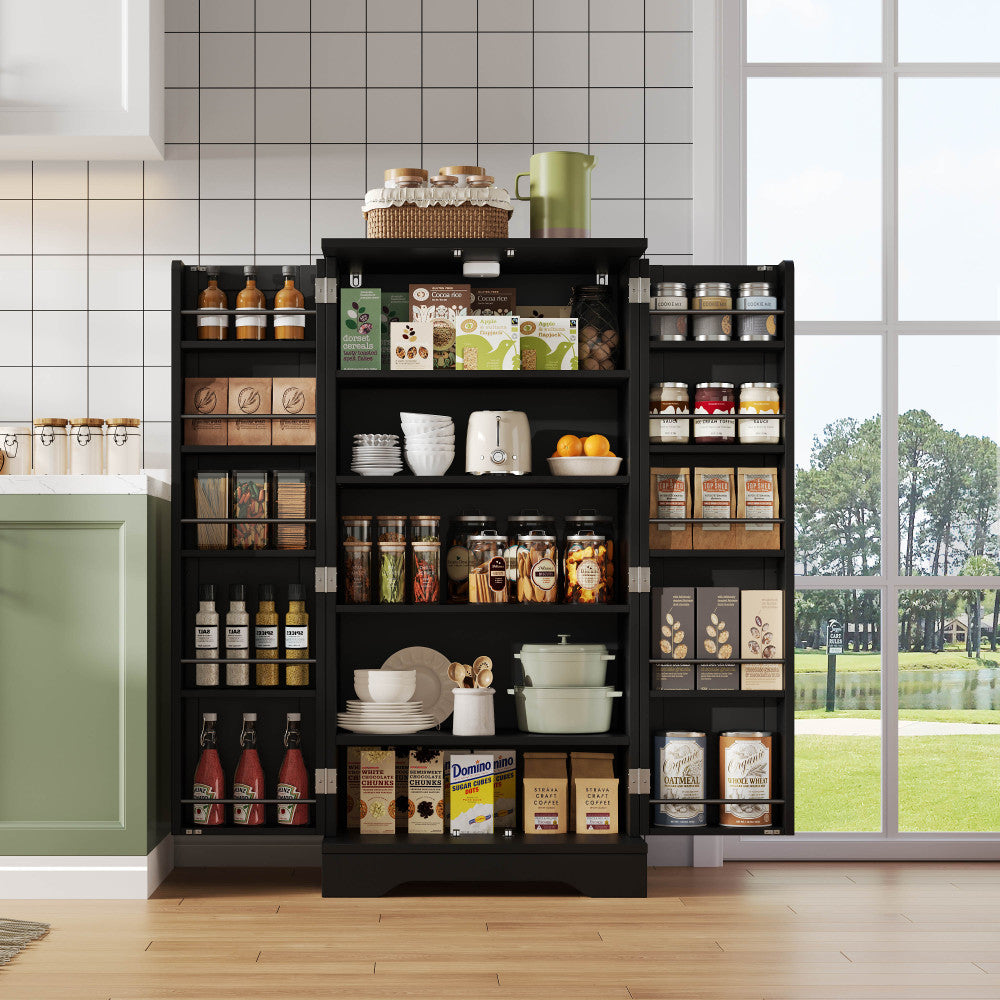 Large Modern Black Metal Freestanding Storage Cabinet with Double Doors & Adjustable Shelves - Heavy-Duty Floor-Standing Kitchen Pantry Cabinet with Door Racks, Spacious Organizer for Kitchen, Dining Room, Living Room - Easy