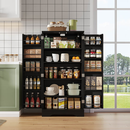 Large Modern Black Metal Freestanding Storage Cabinet with Double Doors & Adjustable Shelves - Heavy-Duty Floor-Standing Kitchen Pantry Cabinet with Door Racks, Spacious Organizer for Kitchen, Dining Room, Living Room - Easy
