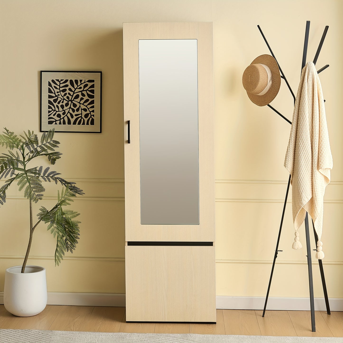 Smalle Kast – Smalle Kledingkast – Smalle Opbergkast – Kapstokkast – Spiegelkast – Houtkleur – Uittrekbare Kledingstang – Ruimtebesparend Design