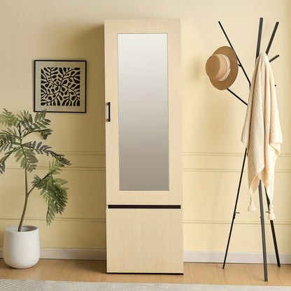 Smalle Kast – Smalle Kledingkast – Smalle Opbergkast – Kapstokkast – Spiegelkast – Houtkleur – Uittrekbare Kledingstang – Ruimtebesparend Design
