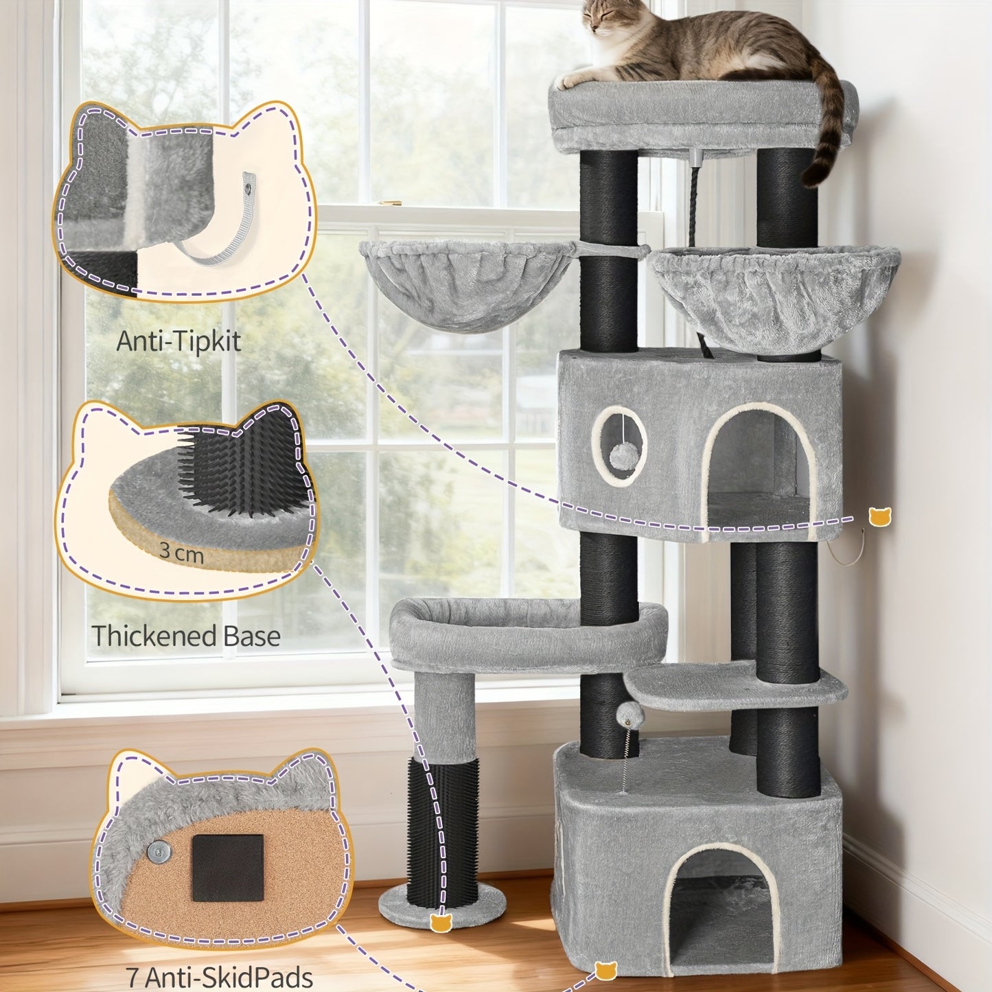 Kattentoren – Krabpaal – Klimpaal – Kattenhuis – Kattenmeubel – Lichtgrijs Beige – 163 cm Hoog – 10 cm Dikke Sisal Krabpalen