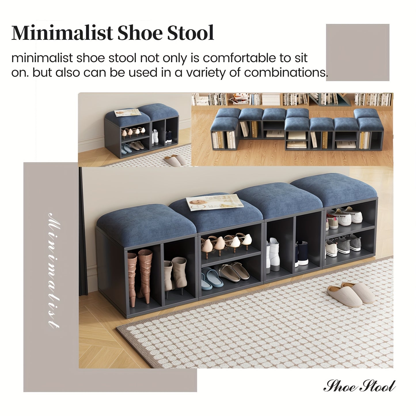 Schoenenbank – Schoenenkastje – Schoenenopberger – Schoenmeubel – Schoenenrek – Hout en Kunststof – Comfortabele Zitting – Compact & Ruimtebesparend - Grijsblauw