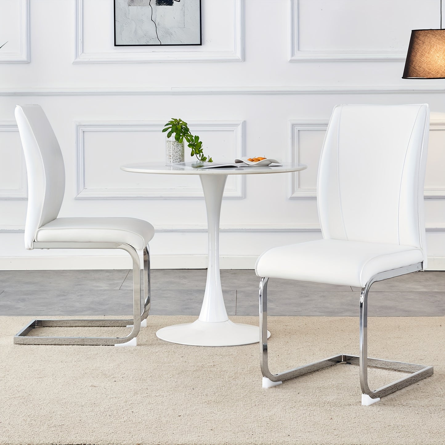 Eetkamerstoel – Stoel – Zithoekstoel – Keukenstoel – Accentstoel – Set Van 2 – Wit – Met Zilverkleurig Metalen Frame – Comfortabele Zitting