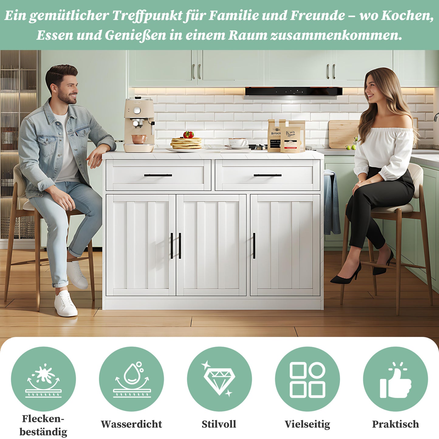 Keukenunit – Keukeneiland – Keukenkast – Werkbank – Ontbijtbar – Compact Model Wit – Marmerlook Werkblad – Veel Opbergruimte