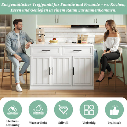 Keukenunit – Keukeneiland – Keukenkast – Werkbank – Ontbijtbar – Compact Model Wit – Marmerlook Werkblad – Veel Opbergruimte