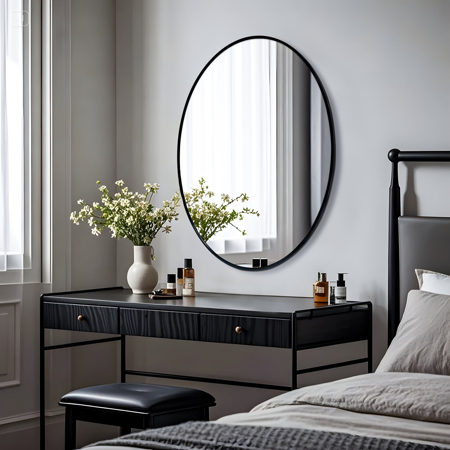 Ovale Wandspiegel – Grote Spiegel – Zwarte Muurspiegel – Decoratieve Spiegel – Badkamerspiegel – 60x80 cm – Zwart Geborsteld Aluminium Frame – 4 mm HD Glas