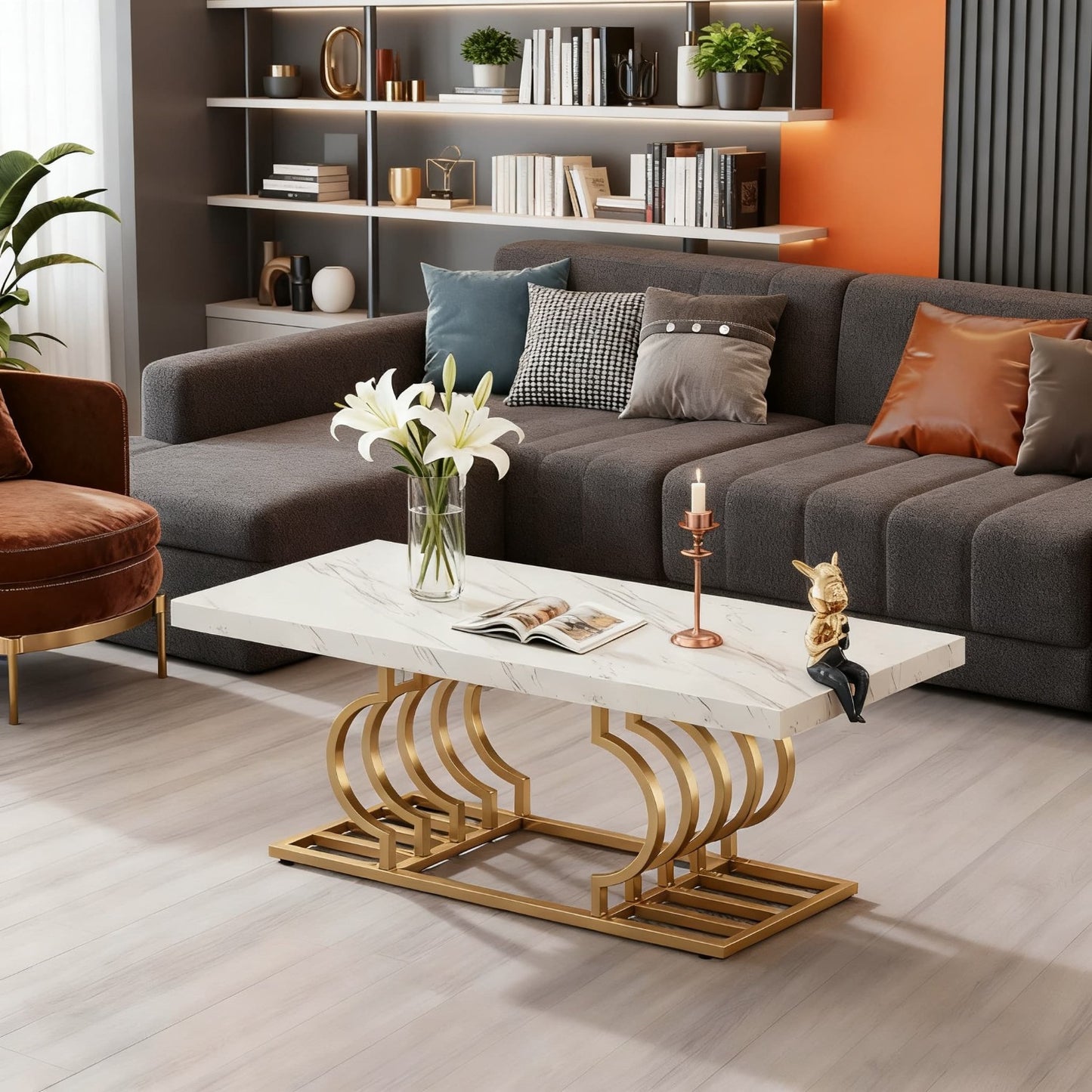 Salontafel – Koffietafel – Woonkamertafel – Tafel – Bijzettafel – Wit Marmerlook – Gouden Metalen Frame – 120x50 cm – Krasbestendig MDF & Antislip Voetjes