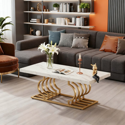 Salontafel – Koffietafel – Woonkamertafel – Tafel – Bijzettafel – Wit Marmerlook – Gouden Metalen Frame – 120x50 cm – Krasbestendig MDF & Antislip Voetjes