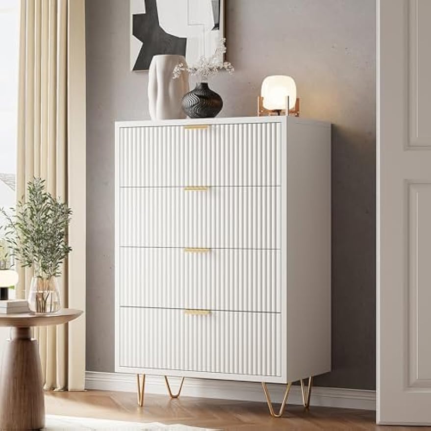 Witte Ladekast – Ladekast Met 4 Lades – Ladekast Opbergkast – Dressoir – Compact Meubel – 60x33x90 cm – MDF Met Gouden Details