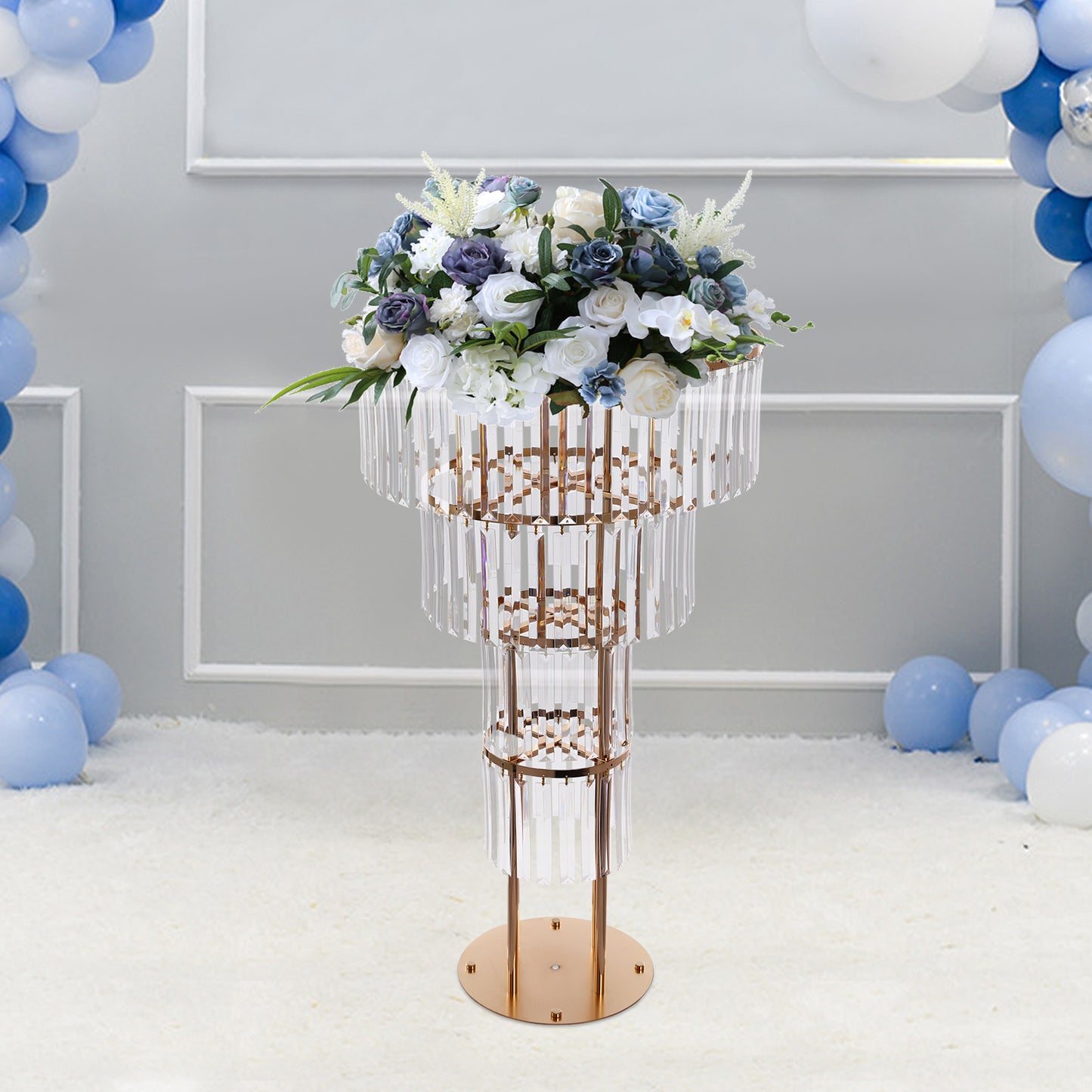 Round Pedestal for Wedding Flowers Adorned with Golden And Crystals