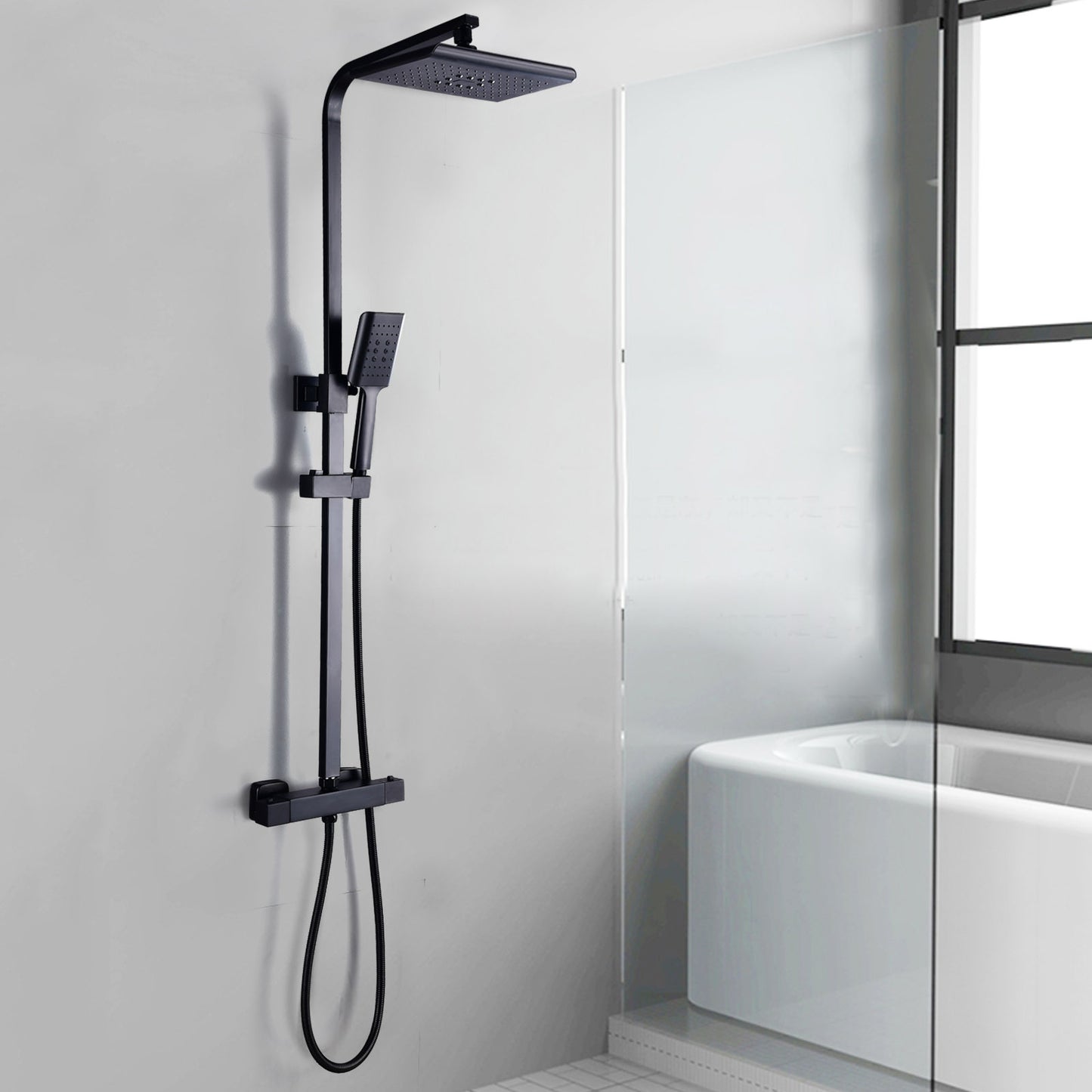 Douchekraan – Douchemengkraan – Thermostatische Mengkraan – Douchethermostaat – Doucheset – Wandmontage – Temperatuurregeling – Waterbesparend – Modern Vierkant Design – Zwart-Witte Afwerking