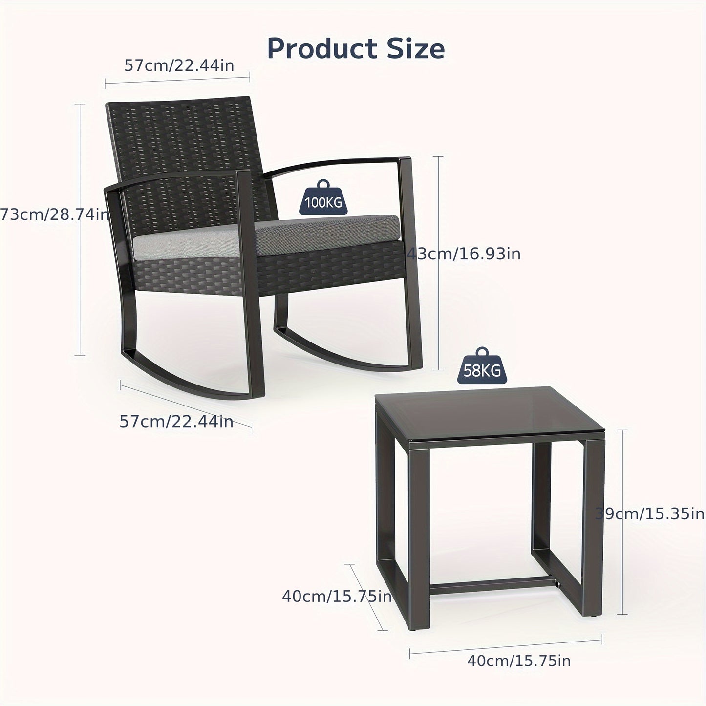 3pcs All-Weather PE Rattan Outdoor Furniture Set with Cushions - Modern Wicker Sofa, 2 Armchairs & Coffee Table, Beige/Gray/Blue Color Options, Heavy-Duty Metal Frame & High Quality Tempered Glass Tabletop for Patio, Balcony,