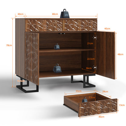 Dressoir – Opbergkast – Ladekast – Buffetkast – Sideboard – Donkerbruin Walnootfineer – 2 Laden en 2 Deuren – Grepenloos Design – Metalen Poot – 80x40x78 cm