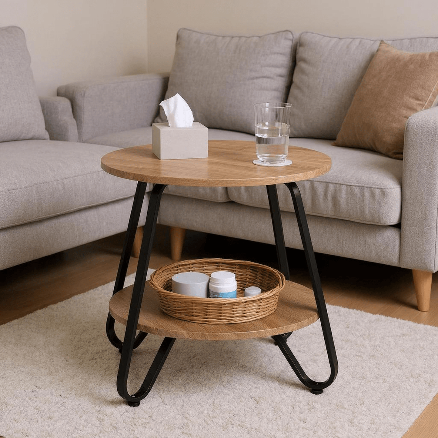 Salontafel – Koffietafel – Bijzettafel – Woonkamertafel – Compacte Tafel – Metalen Frame – 2-Lagen Opbergruimte – MDF Blad Bruin 46x46x45 cm