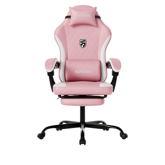Ergonomische Gamingstoel – Racestoel – Bureaustoel – Gamestoel – Computestoel – Met Voetensteun – Lendensteun – Memory Foam Zitting – Verstelbare Rugleuning – Roze Wit