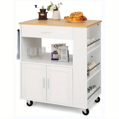 Keukenwagen – Keukentrolley – Keukenkar – Serveerwagen – Opbergwagen – Mobiel met Remmen – Brede Waterbestendige Bovenplaat – Compact MDF & Hardhout Wit