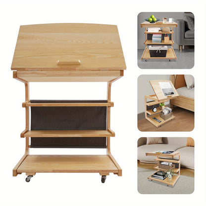 TOOL1SHOOO Modern C-Shaped Pulley Side Table with Lockable Castors, 4-Tier Storage Shelf & Adjustable Tabletop - Heavy-Duty Wooden Mobile Cart with Smooth-Glide Mechanism, Space-Saving Design for Living Room, Bedroom, Home Of