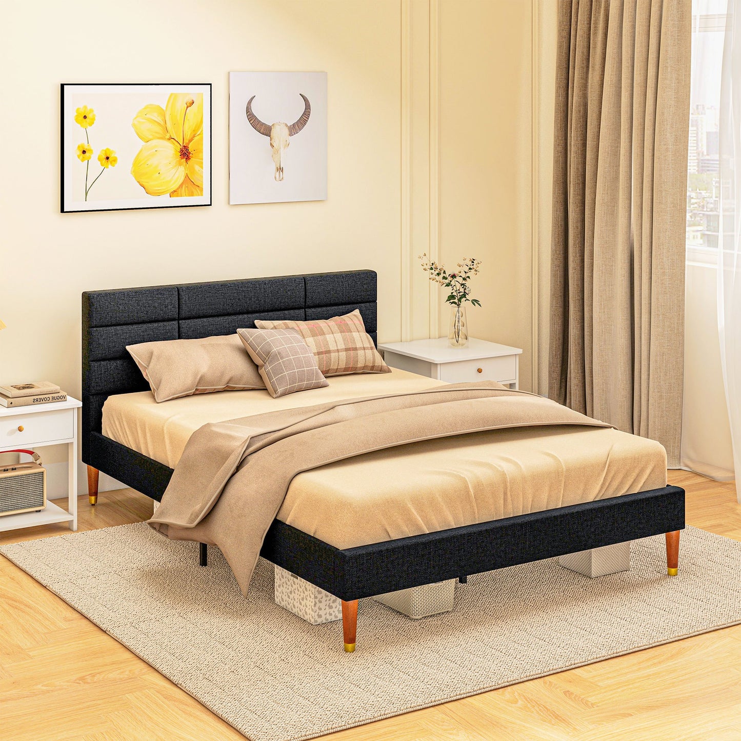 Tweepersoons Bedframe – Bedframe Met Opbergruimte – Bedbodem – Stalen Bedframe – Slatted Bed – 140x200 cm – Verhoogde Onderbedruimte – Gestoffeerd Hoofdbord Zwart