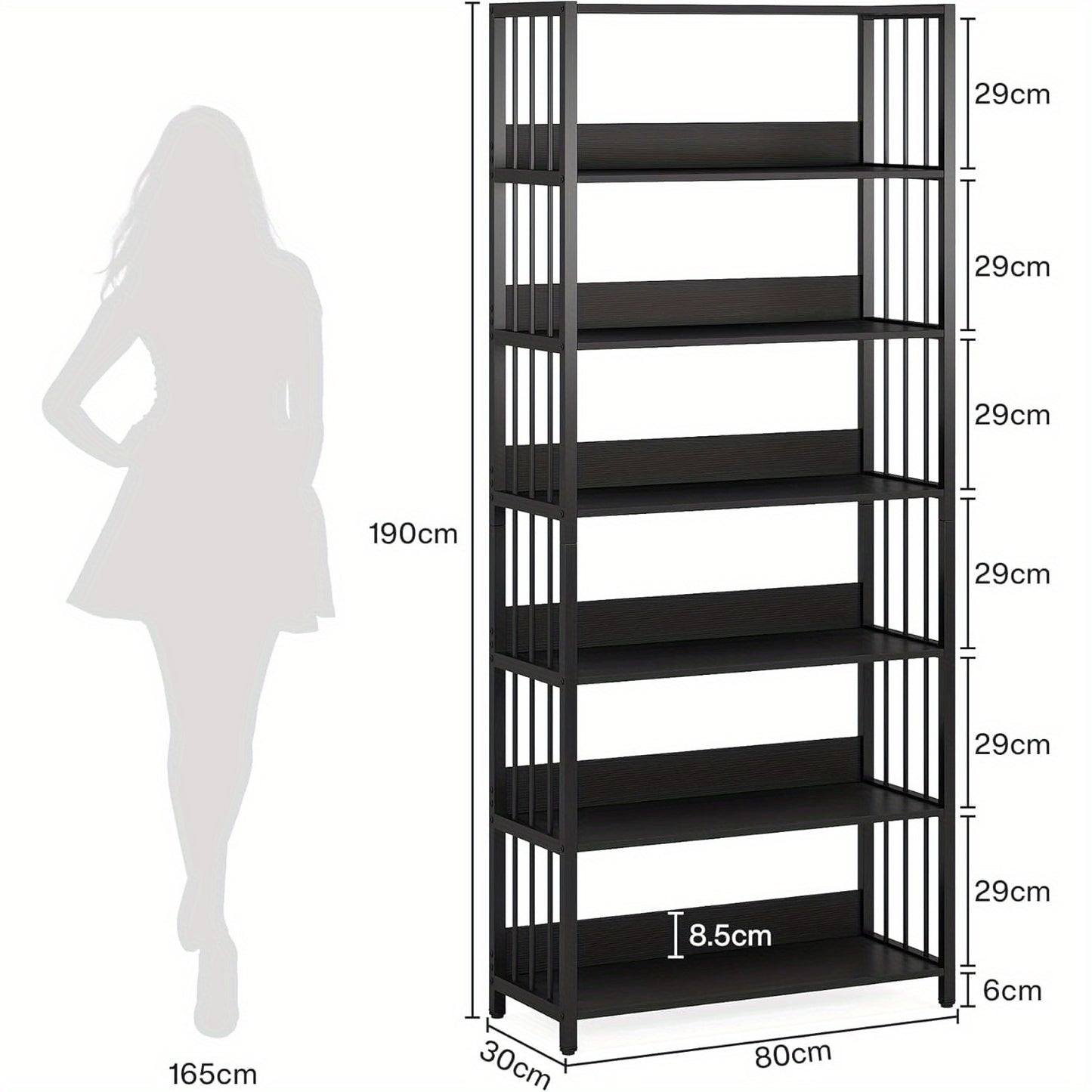 Metalen Boekenkast – Boekenkast – Boekenrek – Opbergkast – Wandrek – 6-laags – Zwart Metaal – Compact 70x30x180 cm – Draagvermogen 50 kg per Plank