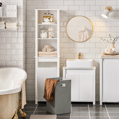 Hoge Badmeubel – Badkamerkast – Opbergkast – Wasmand Kast – Smalle Badmeubel – 3 Open Vakken – Uitneembare Wasmand – MDF Hout – Anti-Kantel Beveiliging