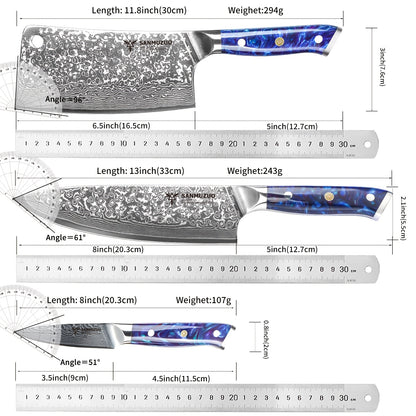 Keukenmes – Koksmes – Schilmes – Officemes – Keukenmessen Set – VG10 Damascus Staal – Groen Resin Handvat