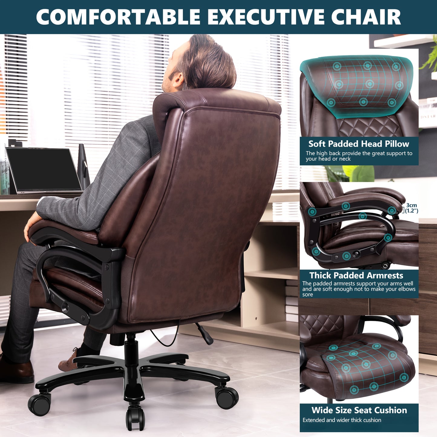 Ergonomische Bureaustoel – Comfortabele Stoel – Bureaustoel Voor Grote Personen – Verstelbare Lendensteun – Extra Brede Zitting – Draagvermogen 226 Kg - Bruin