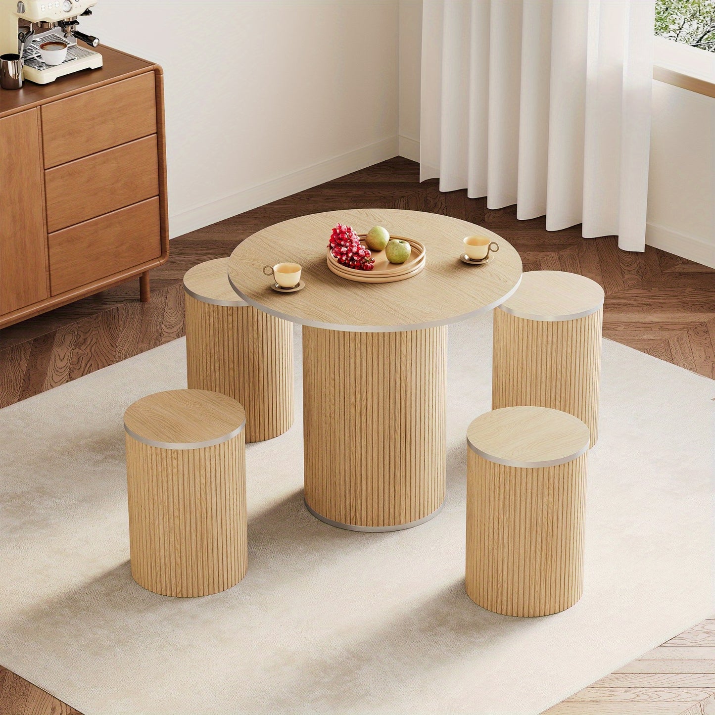 Salontafel – Koffietafel – Bijzettafel – Woonkamertafel – Tafel met Krukjes – Wit Marmer – Modern Rond Design – Compact en Praktisch