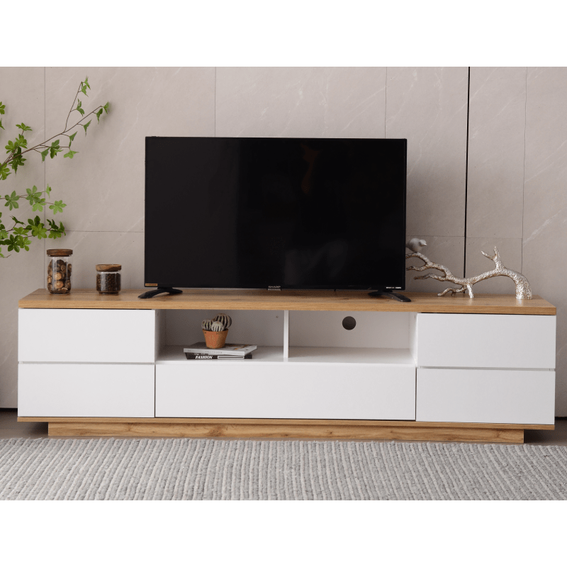 TV-kast – TV-meubel – Mediakast – TV-dressoir – Wandmeubel – Wit met houtstructuur – 180 cm breed – MDF materiaal