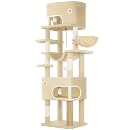 Cat Scratching Post with Large Platform, 2 Caves, 7 Scratching Posts, Pompoms, Loungers, Hammock, Suitable for All Cat Breeds, Beige - QUORE