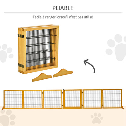 Hondenhekje – Hondenhek – Huisdierhek – Traphekje – Dierenhek – Modulair Inklapbaar Design – Massief Dennenhout met Stabiele Voeten – 432 x 36 x 70 cm – Geel