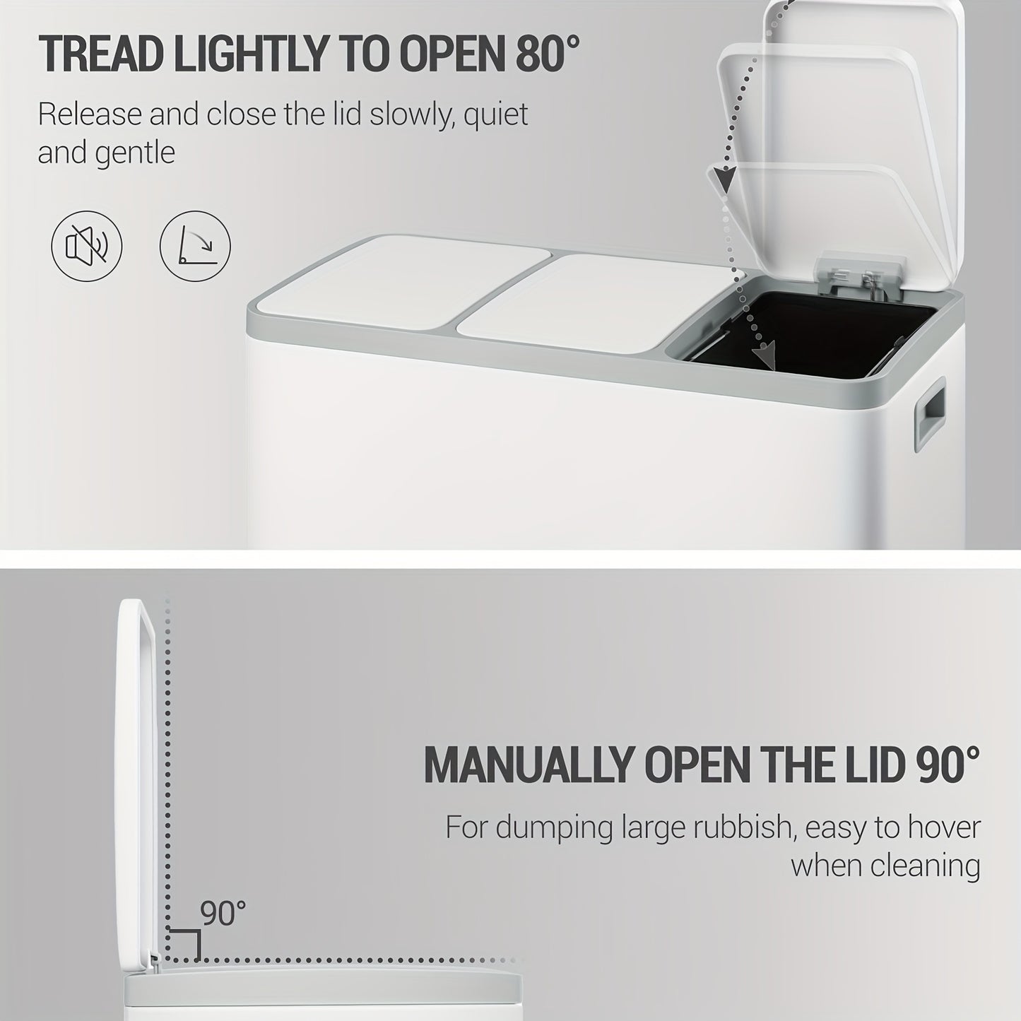 Stainless Steel Kitchen Trash Can with 3-Compartment Waste Sorting System, 45L Total Capacity (3 x 15L) - Heavy-Duty Rectangular Design, Quiet Slow-Lowering Lid - QUORE
