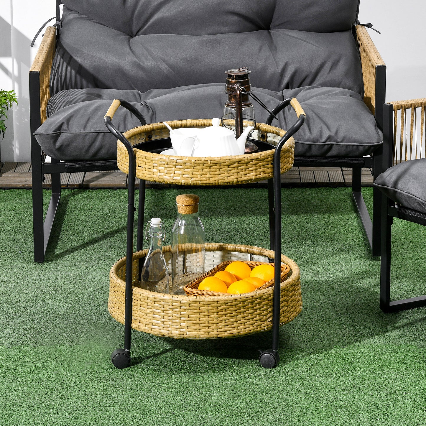 Serveerwagen – Trolley – Bakkerskar – Barwagen – Buitenwagen – Geel – 2 Lagen Met Remmen – Weerbestendig Poly Rattan & Metalen Frame – Φ50 x 66 cm