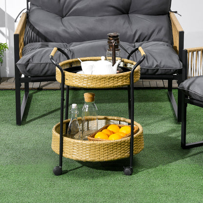 Serveerwagen – Trolley – Bakkerskar – Barwagen – Buitenwagen – Geel – 2 Lagen Met Remmen – Weerbestendig Poly Rattan & Metalen Frame – Φ50 x 66 cm
