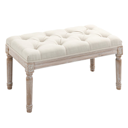 Opbergpoef – Poef – Zitbank – Hocker – Opbergbank – Linnen Bekleding – Heveahouten Poten – Comfortabele Gevoerde Zitting – 80x40x43 cm – Beige
