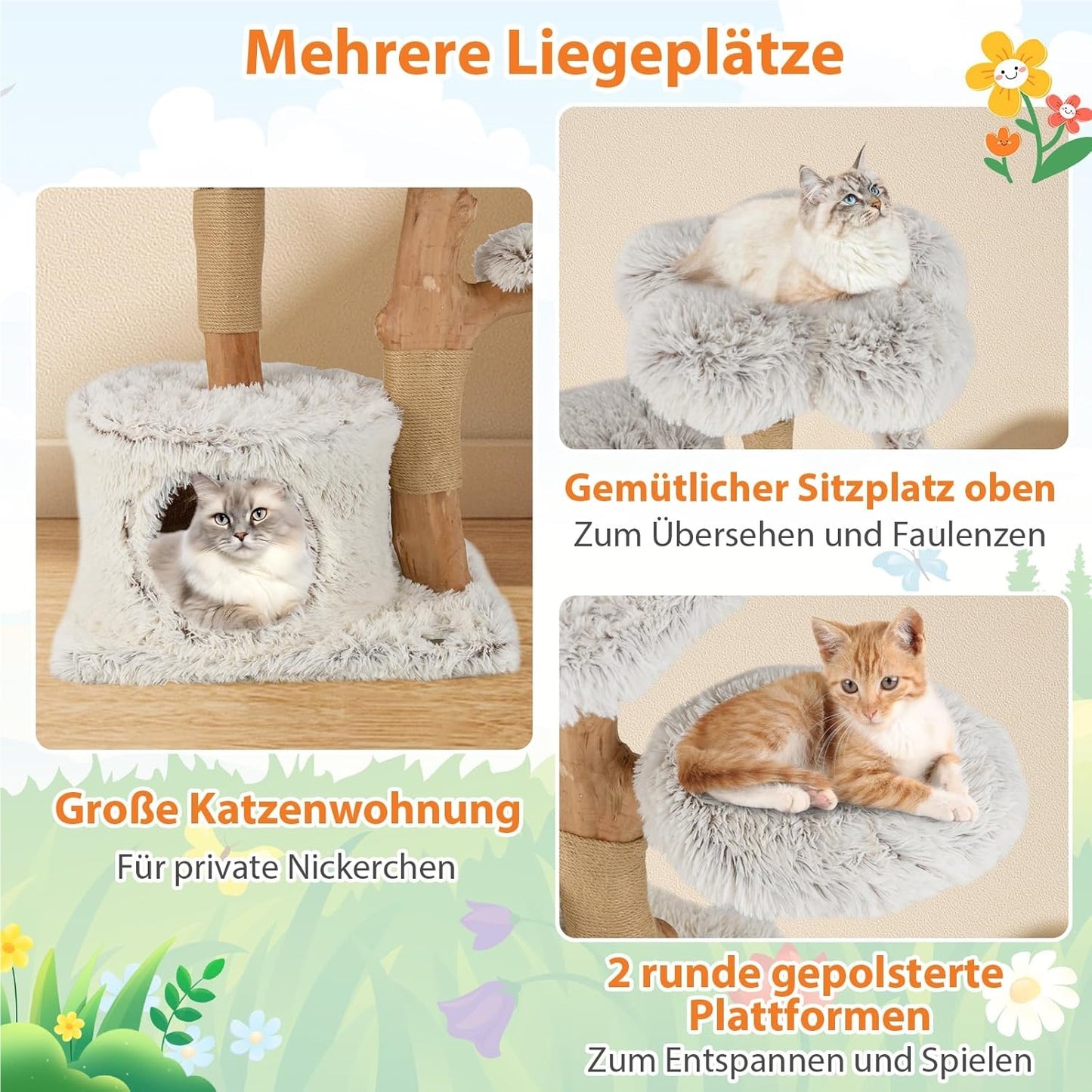 Krabpaal Kat – Krabboom Katten – Kattenmeubel – Klimpaal Kat – Kattenboom – 135 cm Hoog – Massief Houten Frame Met Jute Krabposts – Zacht Plush Zitgedeelte Wit