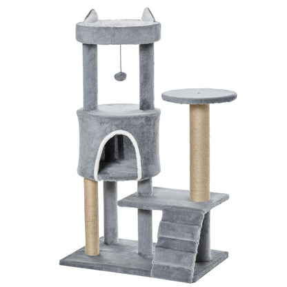 Krabpaal – Krabboom – Kattenmeubel – Klimpaal – Kattenpaal – Lichtgrijs – 100 cm Hoog – Jute Bekleed & Kattenhol Met Ladder