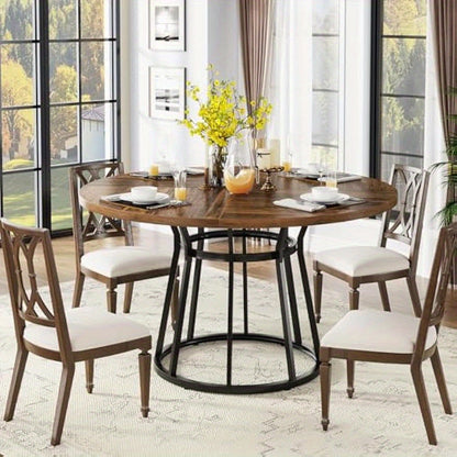 Ronde Eettafel – Keukentafel – Tafeltje – Tafel Voor 4 Personen – Bruin Metaal Frame – Diameter 120 cm – Verstelbare Pootjes – Duurzaam MDF